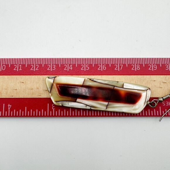 Long Red Cream White Striped Natural Stone Drop Earrings Bohemian Artisan Earthy - Picture 7 of 7